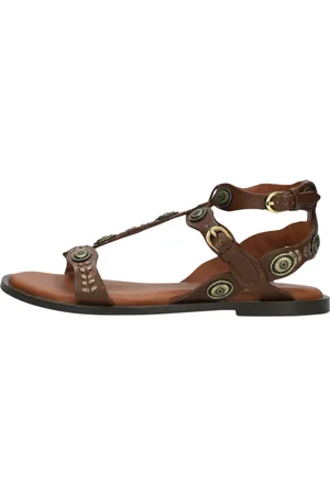 Bronx Schoenen, Dames, Bruin, 41 EU, Leer, Bruine Leren Sandalen met Gouden Details