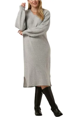 Minus Kleedjes, Dames, Grijs, XS, V-hals Midi Gebreide Jurk