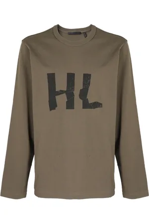 Helmut Lang Tops, Heren, Bruin, S, Katoen, Kreukel Lange Mouw Tee