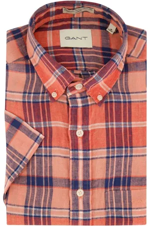 GANT Overhemden, Heren, Veelkleurig, 2Xl, Linnen, Casual Korte Mouw Rood Geruit Overhemd