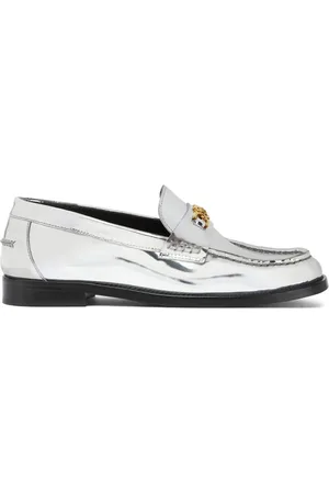 VERSACE Schoenen, Dames, Grijs, 39 EU, Metallic Finish Medusa Plaque Platte Schoenen