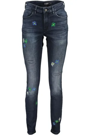 Desigual Jeans, Dames, Blauw, XL, Katoen, Geborduurde Slim Fit Katoenen Jeans