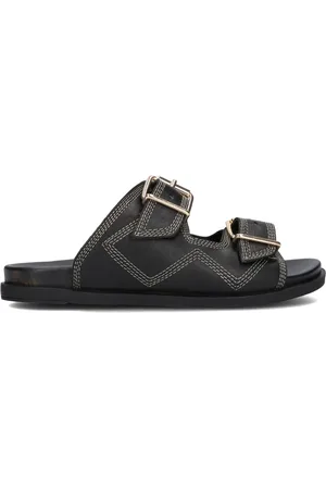 Lina Locchi Schoenen, Dames, Zwart, 39 EU, Zwarte Leren 2 Band Slipper met Stiksels
