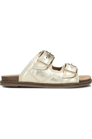 Lina Locchi Schoenen, Dames, Geel, 37 EU, Gouden Leren Slippers met 2 Banden