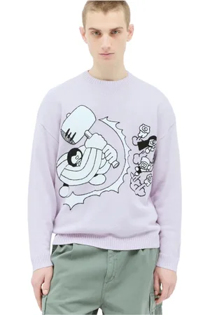 Brain Dead Truien, Heren, Paars, XL, Wol, Grafische Gebreide Crewneck Sweater