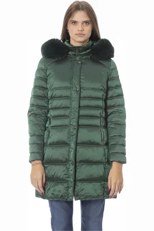 BALDININI Mantels, Dames, Groen, S, Polyester, Groene Lange Donsjas met Geweven Zakken