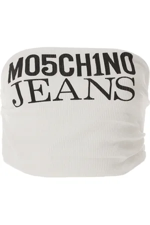 Moschino Tops, Dames, Wit, L, Logo Top Crop Print Wit Geribbeld