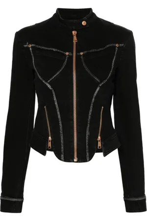 VERSACE Jassen, Dames, Zwart, S, Denim, Zwarte Denimjack met Ritsdetail