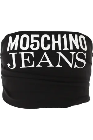 Moschino Tops, Dames, Zwart, S, Geribbeld Logo Crop Top in Zwart