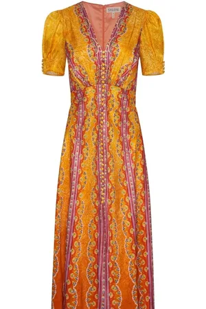 SALONI Kleedjes, Dames, Veelkleurig, M, Satijn, Vintage Carnavalstreep Zijden Jurk