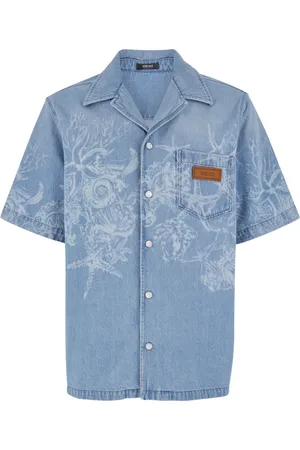 VERSACE Overhemden, Heren, Blauw, L, Katoen, Blauwe Cuban Collar Bowling Shirt