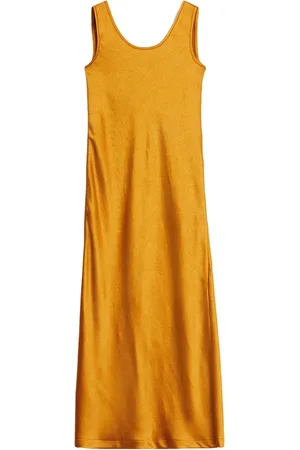 Rodebjer Kleedjes, Dames, Geel, S, Satijn, Glanzende Wijdvallende Mouwloze Maxi Jurk