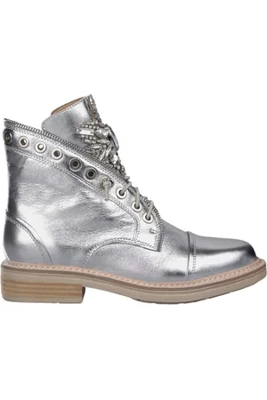 Alma en Pena Schoenen, Dames, Grijs, 39 EU, Leer, Platte Veterschoen Enkellaars met Versierde Tong