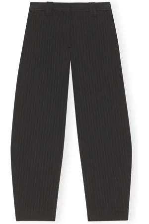 Ganni Broeken, Dames, Zwart, L, Polyester, Elegante Pinstripe Mid-Rise Broek