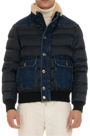 MOORER Jassen, Heren, Blauw, 2Xl, Denim, Blauwe Puffer Bomber met Denim Details