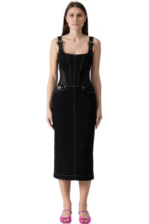 VERSACE Kleedjes, Dames, Zwart, S, Denim, Denim midi jurk met tule details