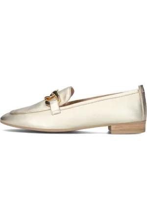 Unisa Schoenen, Dames, Geel, 37 EU, Leer, Metallic Gouden Loafers met Decoratieve Ketting