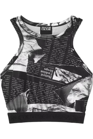VERSACE Tops, Dames, Zwart, M, Magazine Print Mouwloze Crop Top