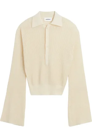 Soulland Truien, Dames, Wit, S/M, Polyester, Doorschijnende Polo Jumper met Wijdvallende Mouwen