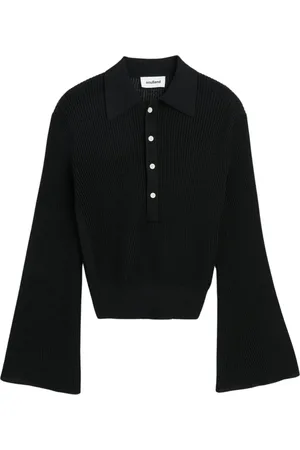 Soulland Truien, Dames, Zwart, 2Xs/Xs, Polyester, Doorschijnende Polo Jumper met Wijd Uitlopende Mouwen