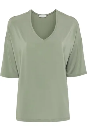 LE TRICOT PERUGIA Tops, Dames, Groen, L, Groene V-hals T-shirt met afhangende schouders