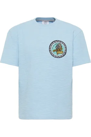Carlo Colucci Tops, Heren, Blauw, M, Bouclé T-shirt met textuureffect