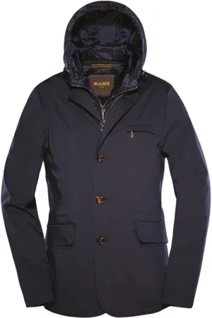 MOORER Jassen, Heren, Blauw, M, Satijn, Iridescent Stretch Satin Jacket met Afneembaar Lichaam en Capuchon