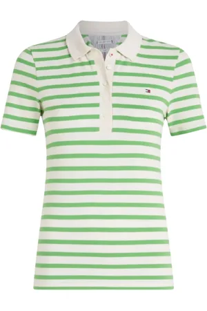 Tommy Hilfiger Tops, Dames, Groen, L, Katoen, 1985 Slim Pique Stripe Polo Shirt