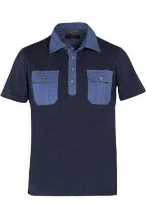 MOORER Tops, Heren, Blauw, M, Denim, Denim Polo Shirt met Makò Cotton