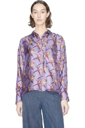 ODEEH Blouses & Shirts, Dames, Paars, M, Gestreepte Blouse met Hondenmotief