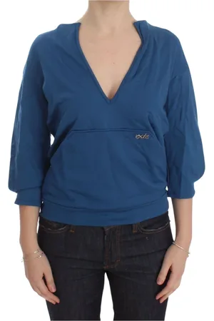 Exte Blouses & Shirts, Dames, Blauw, S, Katoen, Blauwe Diepe V-Hals Trui