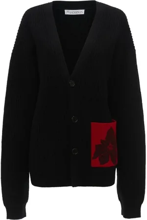 J.W.Anderson Truien, Dames, Zwart, S, Wol, Zwarte bloemen V-hals trui