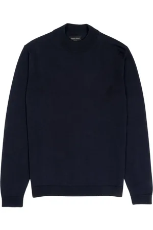 Roberto Collina Truien, Heren, Blauw, S, Wol, Navy Merino Wool Mockneck Sweater