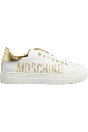 Moschino Schoenen, Dames, Wit, 36 EU, Leer, Witte Leren Sneaker met Gouden Strass Logo
