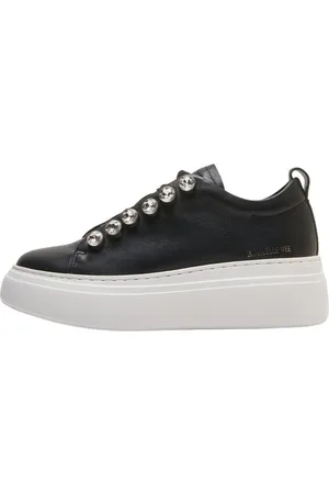Emanuélle vee Schoenen, Dames, Zwart, 36 EU, Leer, Zwarte leren sneakers met strass veters