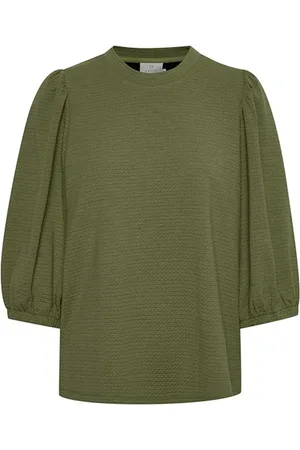 Kaffe Blouses & Shirts, Dames, Groen, 2Xl, Polyester, Jersey Blouse Top met ¾ Mouwen en Ronde Hals