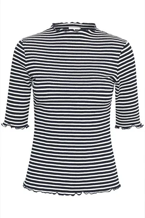 Karen by Simonsen Tops, Dames, Veelkleurig, M, Gestreepte T-shirt met Ruches