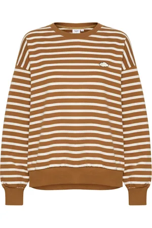 Saint Tropez Sweatshirts & Hoodies, Dames, Bruin, XS, Katoen, Gestreepte Sweatshirt met Geborduurd Detail