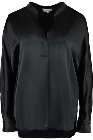 Vince Blouses & Shirts, Dames, Zwart, M, Zijden Blouse Met Knoopmanchetten Afgeronde Zoom