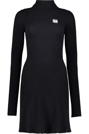 Palm Angels Kleedjes, Dames, Blauw, S, Polyester, Geribbelde Gebreide Jurk met Opstaande Kraag