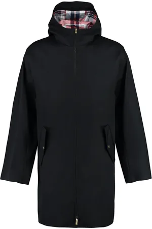 Thom Browne Mantels, Heren, Blauw, M, Katoen, Waterdichte parka met capuchon en motiefvoering