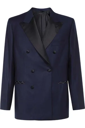 BRIONI Jassen, Heren, Blauw, XL, Wol, Dubbelbreasted wollen jas met satijnen revers
