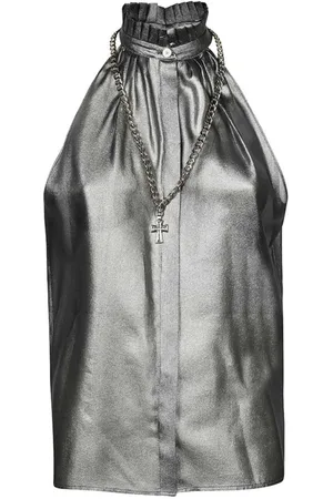John Richmond Tops, Dames, Grijs, S, Mouwloze zijden blouse met metallic effect