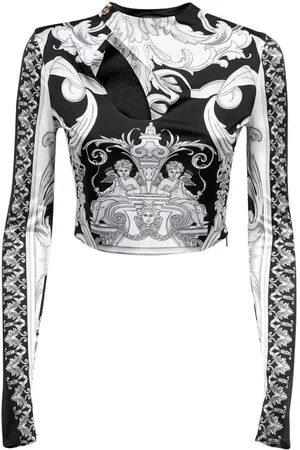 VERSACE Tops, Dames, Zwart, M, Gedrukte crop top met lange mouwen