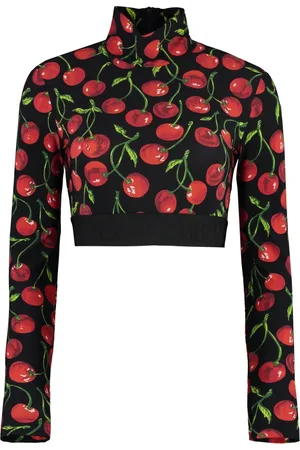 Dolce & Gabbana Tops, Dames, Veelkleurig, S, Polyester, Crop Top met Kersenprint