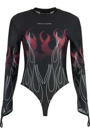 Vision Of Super Tops, Dames, Veelkleurig, L, Polyester, Flames Print Lange Mouw Bodysuit