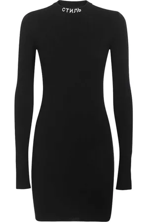 Heron Preston Kleedjes, Dames, Zwart, S, Polyester, Geribbelde Gebreide Jurk met Logo Geborduurde Kraag