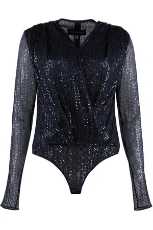 TALBOT RUNHOF Tops, Dames, Blauw, L, Polyester, Sprankelende Sequin Deep V Neck Bodysuit