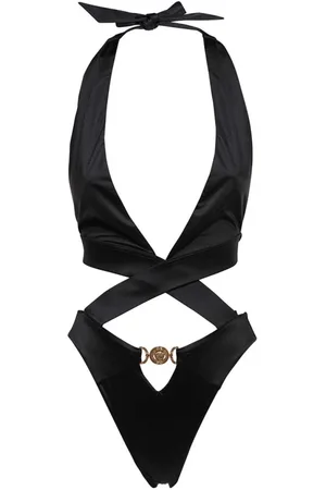 VERSACE Badkleding, Dames, Zwart, XL, Logo Badpak met Uitsnijdingen