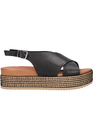 NOTRE-V Schoenen, Dames, Zwart, 40 EU, Leer, Zwarte platformsandaal met gekruiste banden